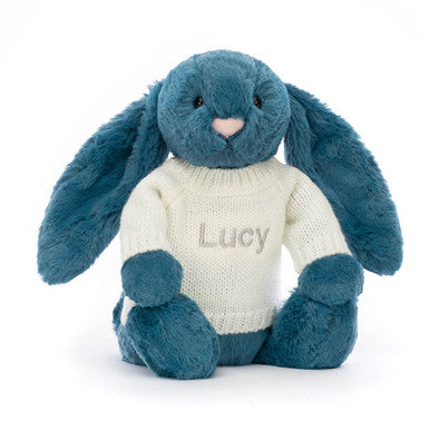 Bashful Mineral Blue Bunny with Personalized Cream Jumper