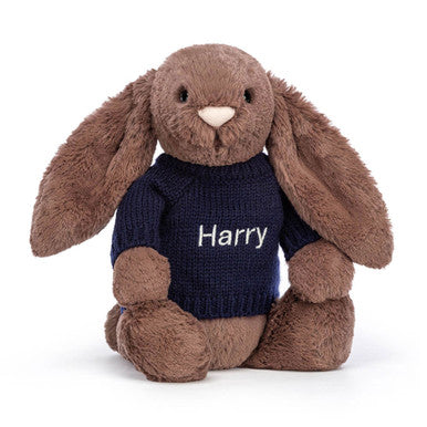 Bashful Fudge Bunny with Personalized Navy Jumper
