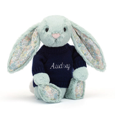 Blossom Sage Bunny with Personalized Navy Jumper
