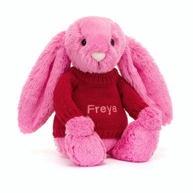 Bashful Hot Pink Bunny with Personalized Red Jumper
